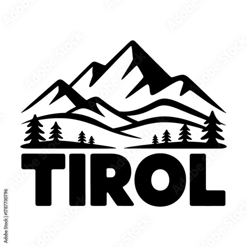 Scenic outline of the Tirol region featuring mountains, trees, and a winding river in a badge design