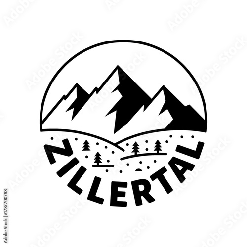 Scenic Zillertal Mountains logo featuring towering peaks, pine trees, and a winding river