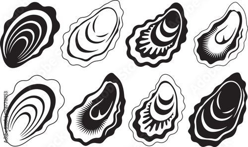 Oyster Shell Vector Silhouette Set. Black and White Sea Shellfish Illustration.