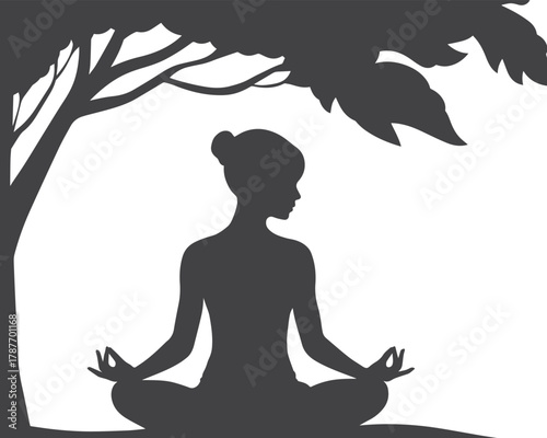 Serene Meditation under a Tree: A silhouette of a woman in deep meditation, positioned gracefully beneath the gentle canopy of a tree, symbolizing inner peace and tranquility.