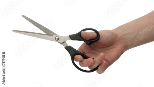 scissors being held in a hand . Isolated on transparent background, png