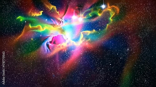 Vibrant Cosmic Nebula with Bright Stars and Colorful Gas Clouds.