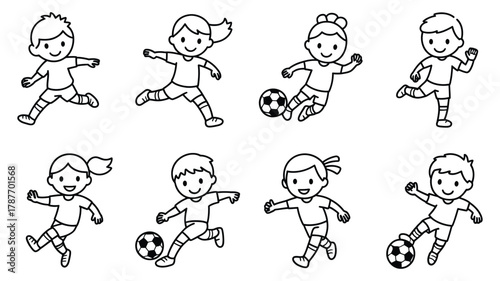 Playful line art of diverse cartoon children actively engaging in soccer, running, dribbling, and kicking, representing youth sports and healthy activity