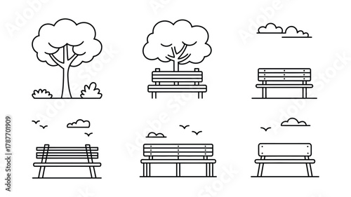 Minimalist outline vector illustration set featuring various park elements like benches, trees, and clouds, perfect for graphic design projects.