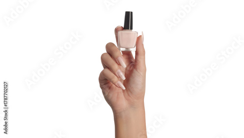 Woman's hand holding a bottle of nail polish . Isolated on transparent background, png