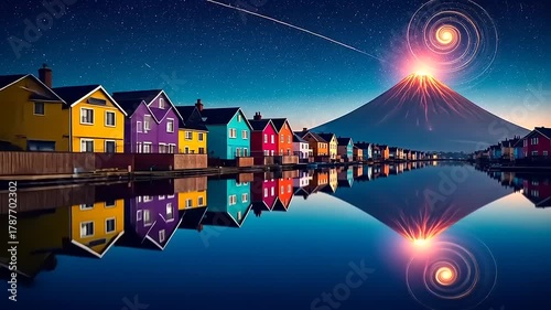 Vibrant Waterfront Village with Volcanic Glow and Celestial Swirls.