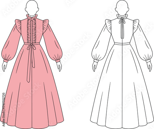 Fashion technical flat of elegant long sleeve ruffle maxi dress with high neck and waist tie, women clothing vector illustration