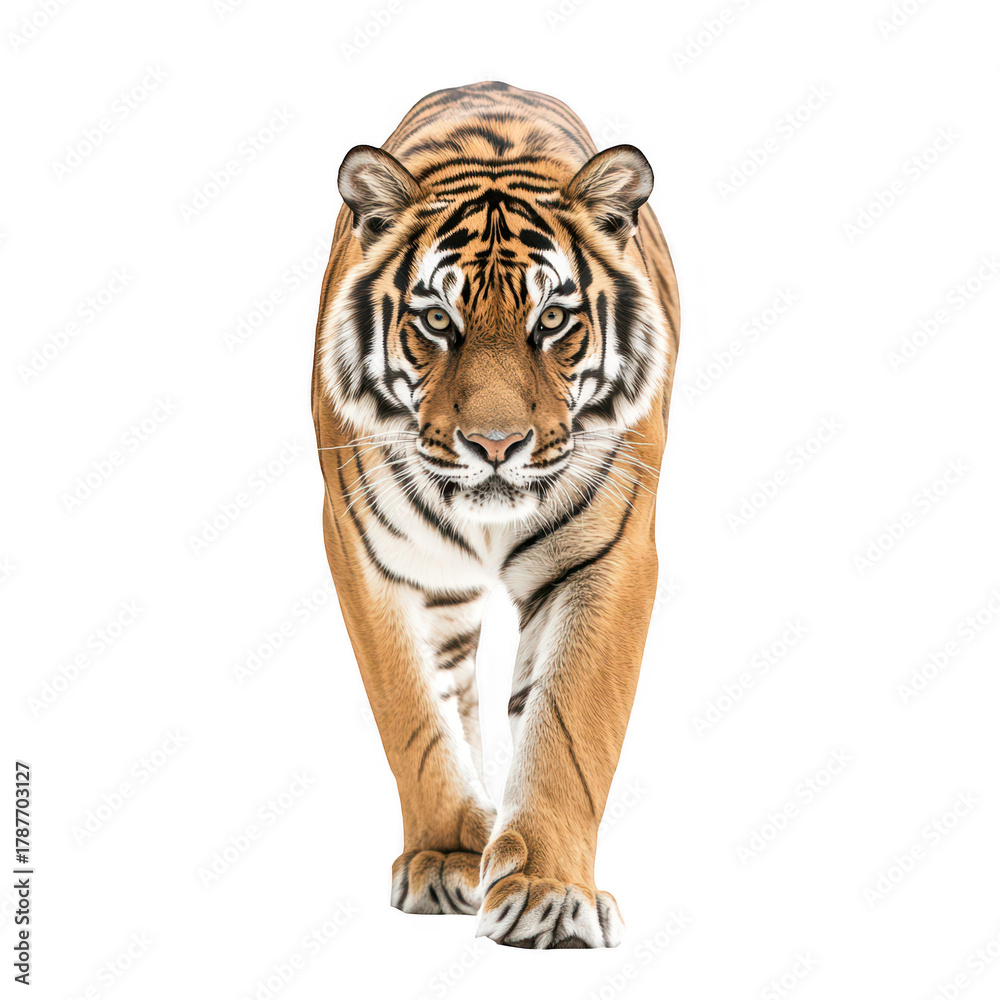 Fototapeta premium A majestic tiger confidently strides forward. its powerful physique and striking features against a clean. white background. perfect for wildlife conservation campaigns or educational materials