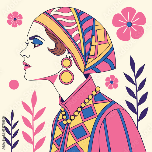 A stylish woman in profile wearing a vibrant patterned headscarf and dress, surrounded by retro floral elements.