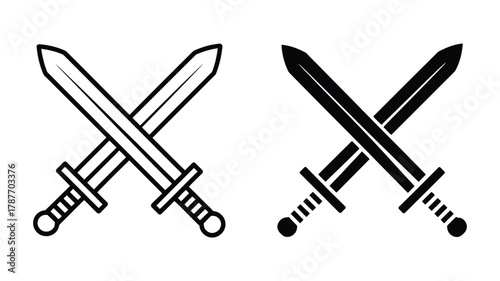 Crossed swords outline and solid icon set, symbolizing battle, challenge, conflict, defense, and medieval times, vector graphic