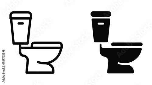 Toilet icons set featuring a modern bathroom fixture in both outline and solid black fill styles for graphic design elements and web usage