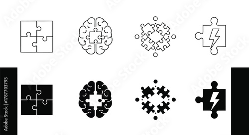 Vector art of collection of puzzle icons, representing problemsolving, teamwork, brainstorming, and creative thinking in various designs and styles