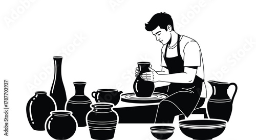 Pottery making man creating ceramic art on wheel black and white art