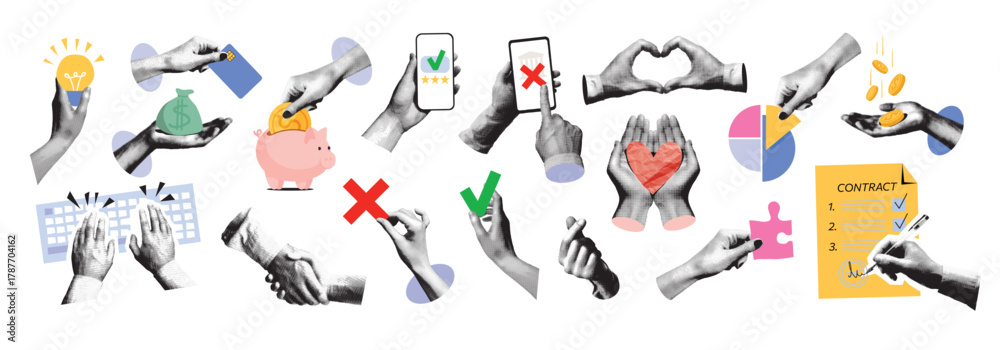 custom made wallpaper toronto digitalA trendy halftone collage of business elements. Hands typing on a keyboard, signing a contract, shaking hands. Technology, startups, ideas, and teamwork concepts. Modern retro vector illustration.