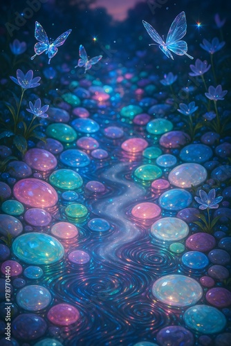 Ethereal Night Scene with Butterflies and Glowing Flowers in a Magical Landscape: Enchanted Garden Pathway of Iridescent Colors and Whimsical Light Reflections