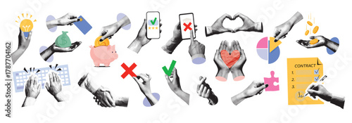 A trendy halftone collage of business elements. Hands typing on a keyboard, signing a contract, shaking hands. Technology, startups, ideas, and teamwork concepts. Modern retro vector illustration.
