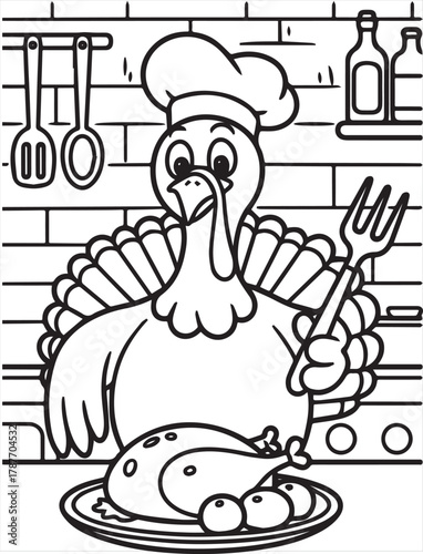 Cartoon turkey chef with cooked bird and fork stands in outlined kitchen scene, page, kids, coloring page, book, printable, easy, coloring, pages