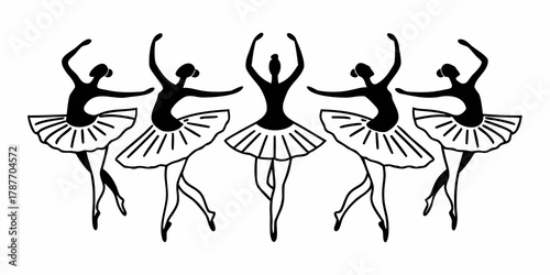 Silhouette of five ballerinas in tutus dancing in a row with arms raised in various positions on white