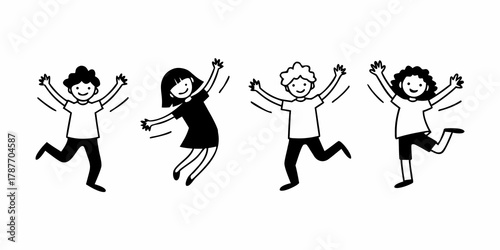 Four happy people jumping and raising their arms in a cheerful celebration on a white background scene