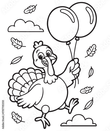 Cartoon turkey soars through the autumn sky clutching balloons, outlined against a transparent backdrop, page, kids, coloring page, book, printable, easy, coloring, pages