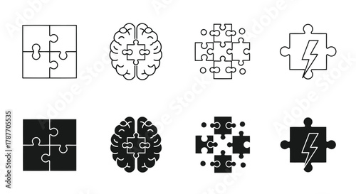 Vector art of set of puzzle icons showing connection, solution, idea, brain, teamwork, strategy, and problem solving for business concept