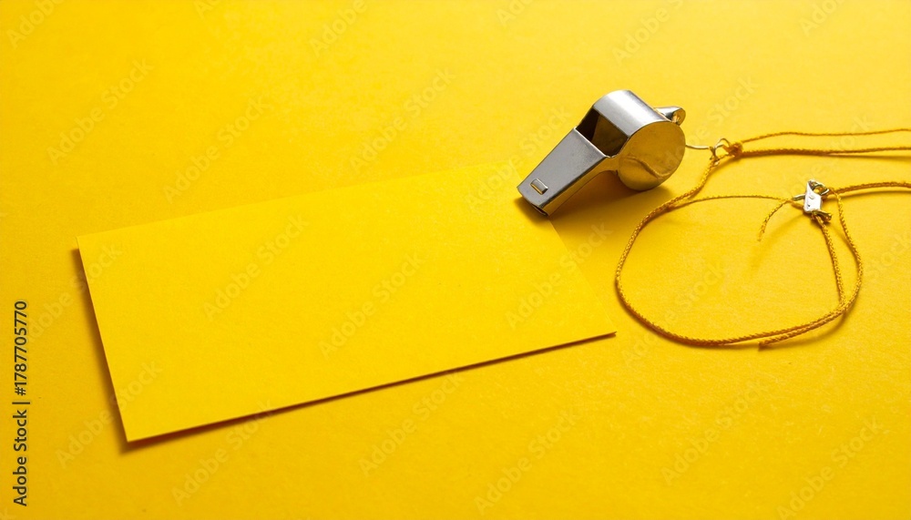 Fototapeta premium A metallic whistle with keychain beside yellow sticky notes on a bright yellow surface—evoking alertness, minimalism, and the choreography of authority, organization, and signal.