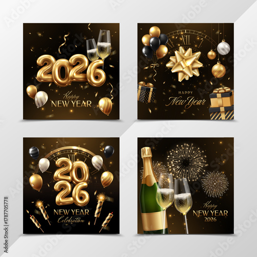 Square happy new year 2026 greeting cards realistic collection