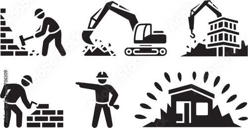 Construction and roadwork icons set. Builder, teamwork, machinery, repair, road, site, worker, equipment, construction, safety, progress, project, engineer, manual, build, machine, work, maintenance, 