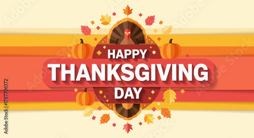 Happy Thanksgiving Day. Autumn Harvest Greeting with Turkey and Pumpkins Illustration