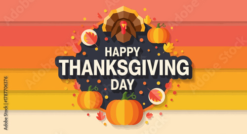Happy Thanksgiving Day with Turkey and Pumpkins Illustration