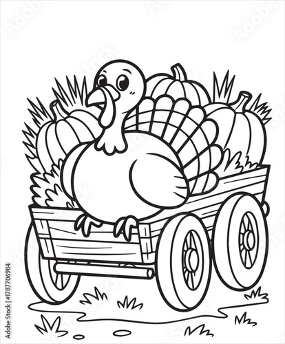 Cartoon turkey enjoys a wooden wagon ride filled with pumpkins; black outline version