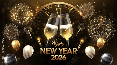 Midnight celebration background with fireworks champagne and 2026 balloons realistic style