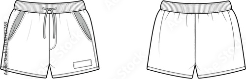 Flat sketch of casual shorts front and back view with elastic waistband, drawstring, side pockets, patch detail, vector illustration