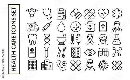 Health Care and Medical Line Icons Set. Emergency and Wellness Outline Symbols Collection.