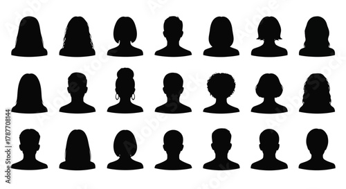 Vector art of set of 21 diverse head silhouette icons, representing various hairstyles and genders for user profiles and generic avatars