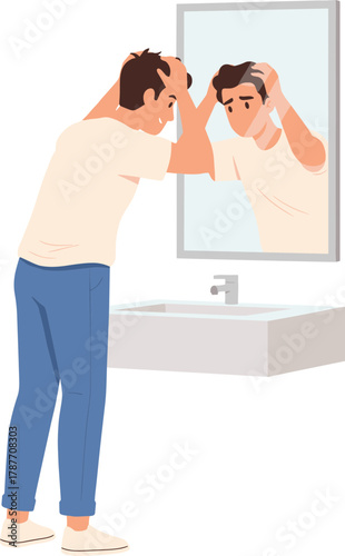 Flat Illustration of Thoughtful Man Looking at Himself in Mirror