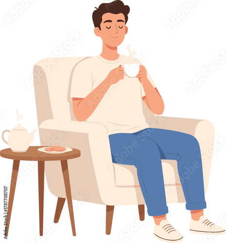 Relaxed Flat Design Man Drinking Tea in Armchair Illustration