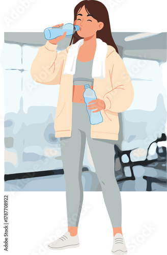 Modern Flat Illustration of Woman Drinking Water After Workout Session