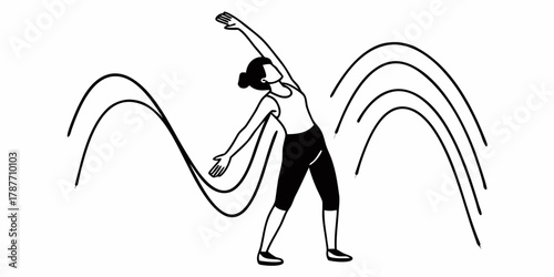 Woman stretching with arm raised amidst curved lines in a black and white line drawing style image
