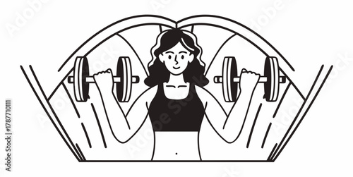 Woman in workout gear lifting dumbbells in a gym setting with weight rack in the background outlined style