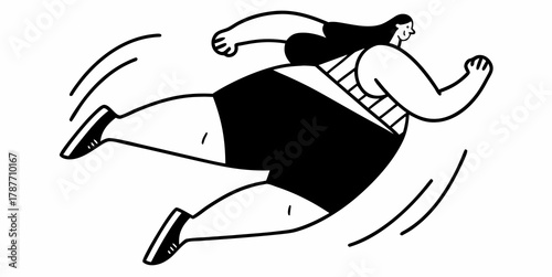 Illustration of a plus size woman with dark hair running with motion lines in black and white style