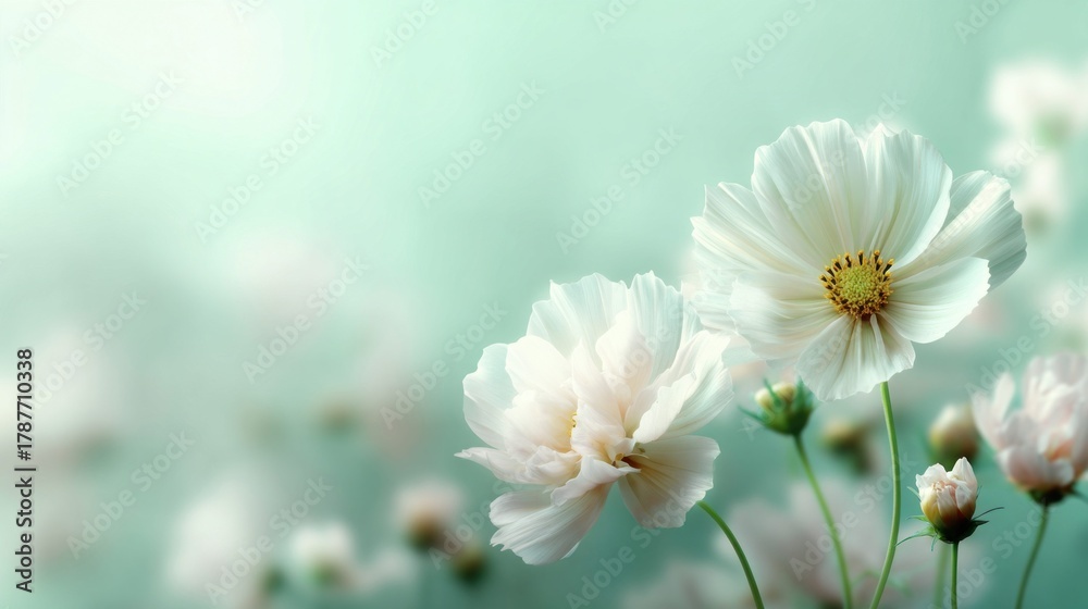 Fototapeta premium Elegant white cosmos flowers blooming in a soft, dreamy garden setting
