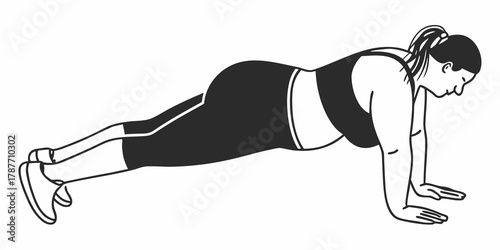 Illustration of a woman doing a plank exercise wearing athletic clothing on a white background style drawing