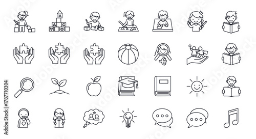 A collection of line art icons depicting various aspects of childhood, education, learning, and development, including children playing, reading, symbols of growth, knowledge, and communication.