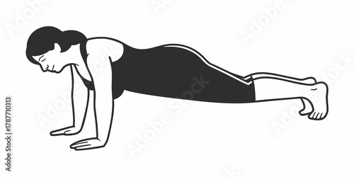 Illustration of a woman doing a push up exercise wearing a tank top and shorts in black and white style