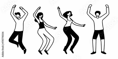 Four stylized people dancing with arms raised in a simple black and white line drawing illustration