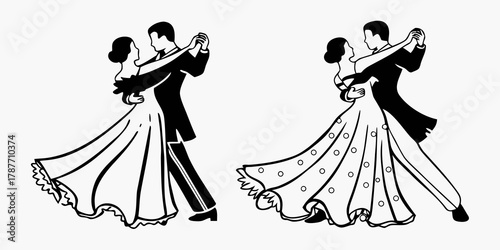 Two couples in formal attire gracefully ballroom dancing in a stylized black and white illustration