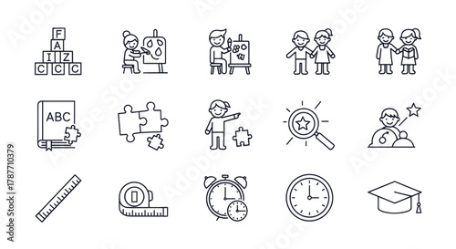 Line icons representing various aspects of education, learning, childhood activities, and school supplies.