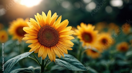 Vibrant sunflower in full bloom with a field of sunflowers in the background