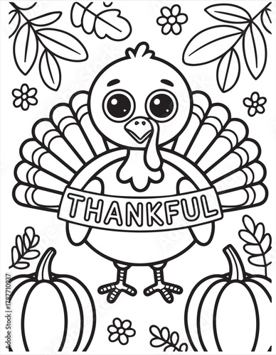 Smiling cartoon turkey holding a banner with the word thankful is framed by plants,page, kids, coloring page, book, printable, easy, coloring, pages